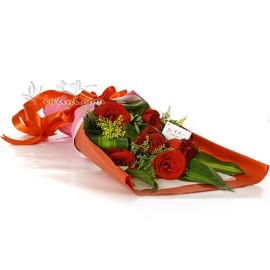 6 long-stem fresh red roses accented by solidago decurrens, dracaena fragrans leaf and fresh greens.