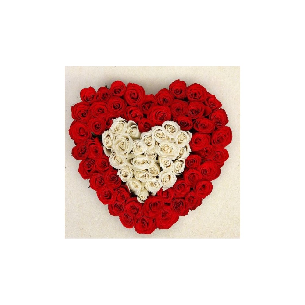 50 red roses and 25 whites roses arranged in a heart shape flower box