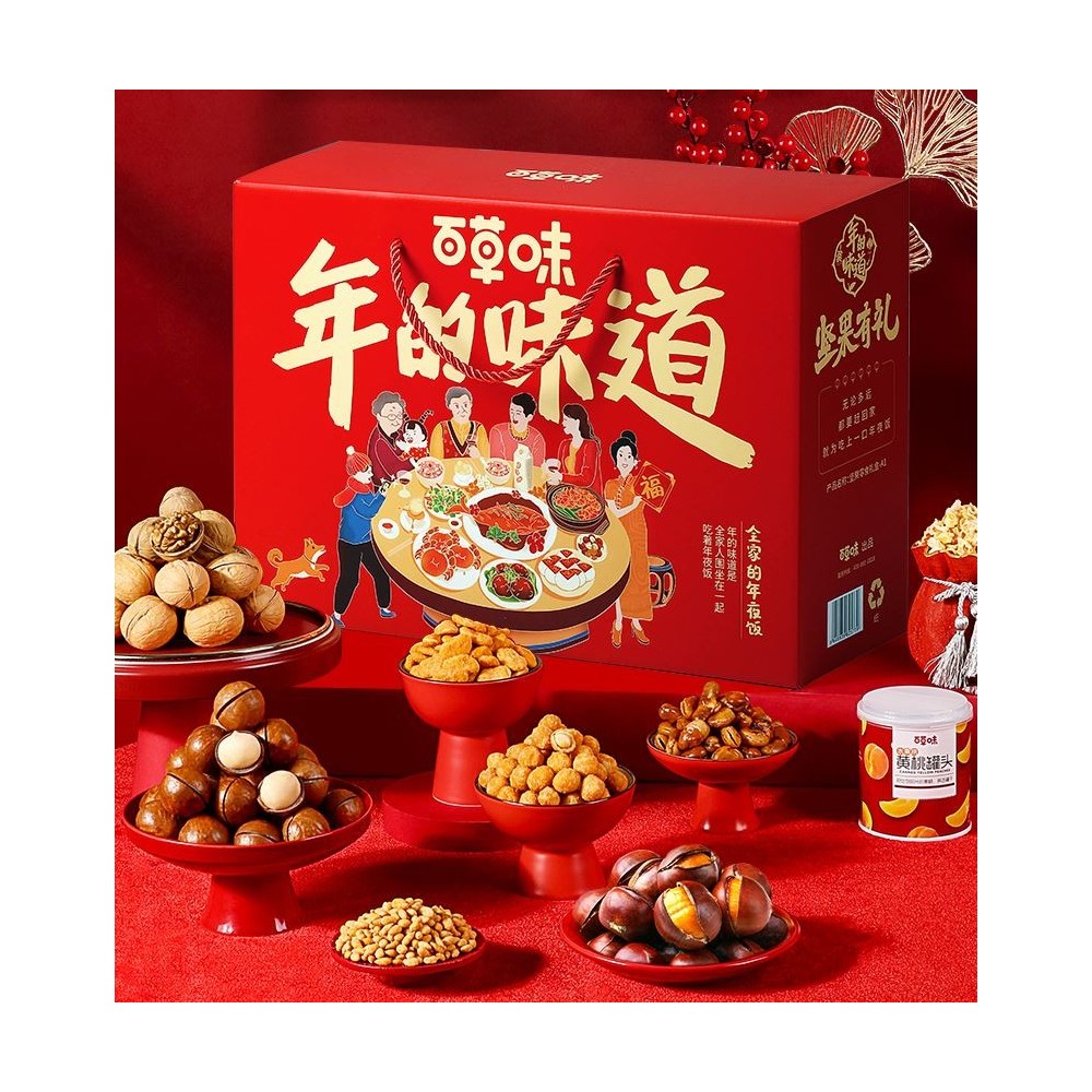 Bai Cao Wei Geschenkbox mit verschiedenen Nüssen zum Thema Chinesisches Neujahr Bai Cao Wei Geschenkbox mit verschiedenen Nüssen zum Thema Chinesisches Neujahr