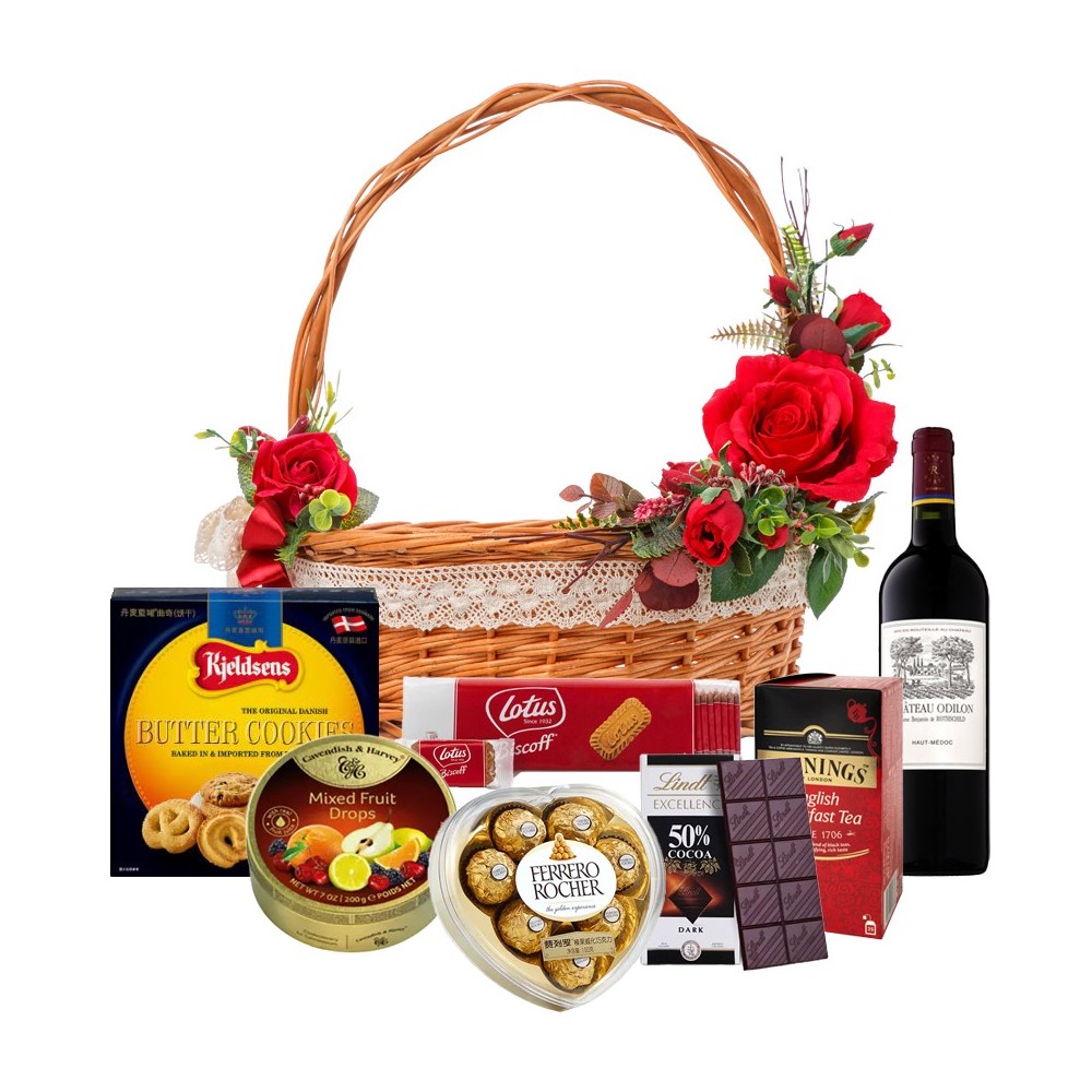 Panier Gourmet de Nourriture Délicieuse avec Roses Rouges Panier Gourmet de Nourriture Délicieuse avec Roses Rouges
