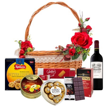 Lovely Food Gourmet Basket with Red Roses