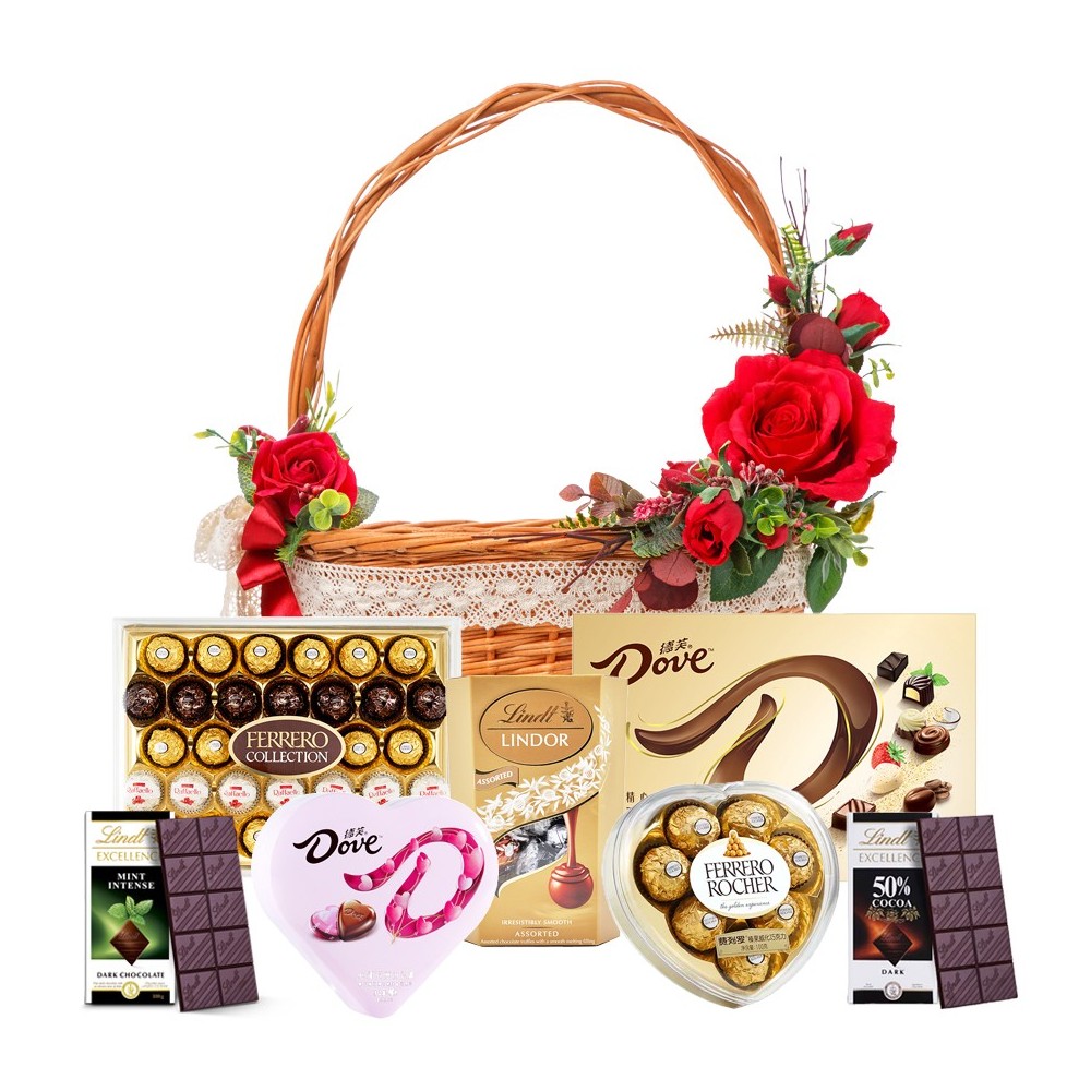 Panier d'Amoureux du Chocolat avec des Roses Rouges