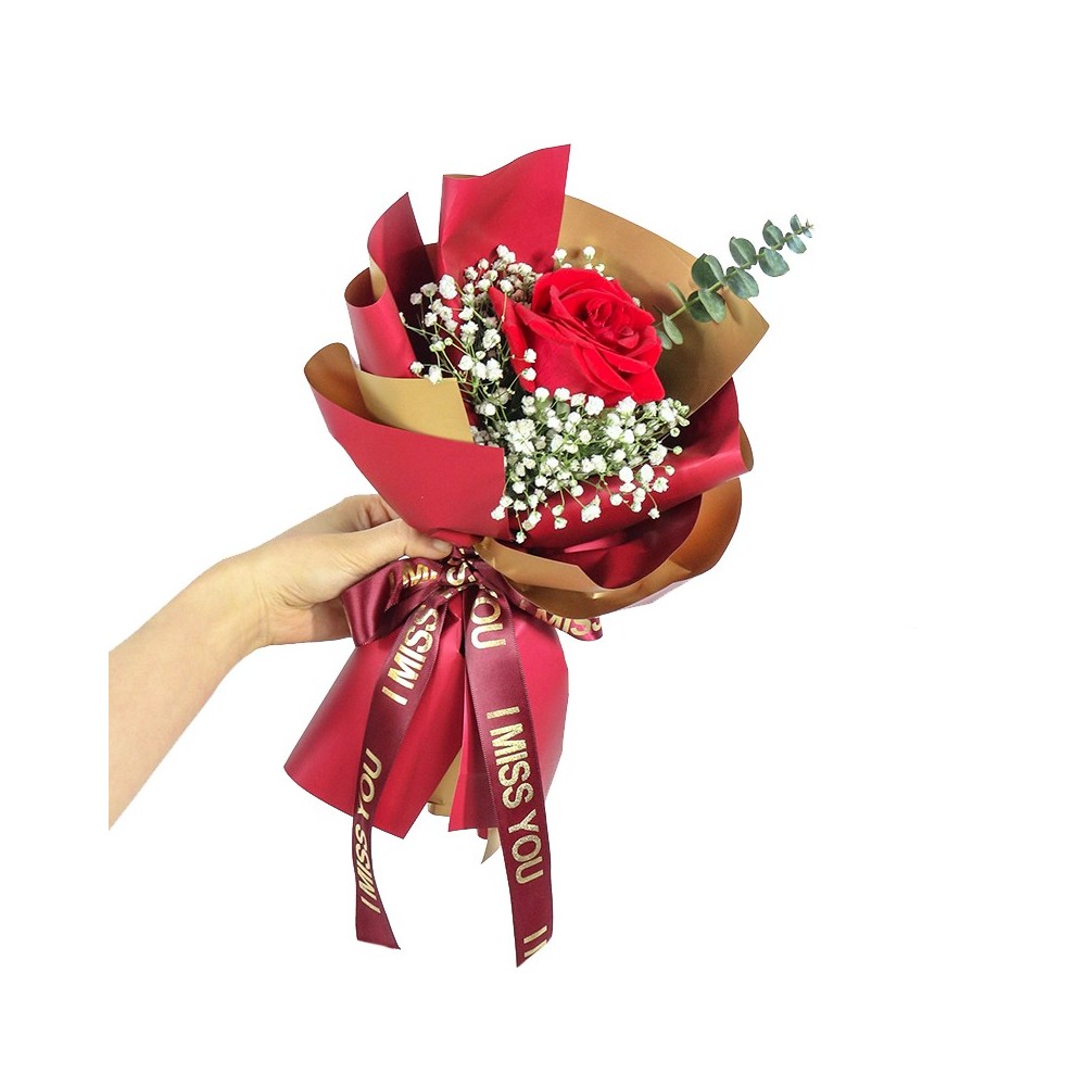 Single Stalk Red Rose with Eucalyptus and Gypsophila Mini Bouquet Single Stalk Red Rose with Eucalyptus and Gypsophila Mini Bouquet
