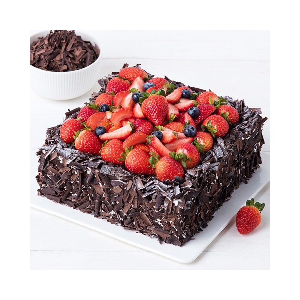 Square Shaped Black Forest Birthday Cake Filled with Strawberries