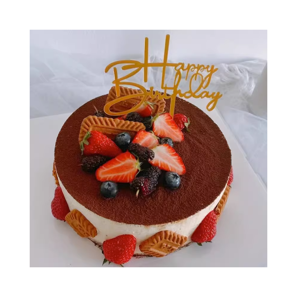 Tiramisu mousse birthday cake with strawberries, blueberries and biscuits Tiramisu mousse birthday cake with strawberries, blueberries and biscuits