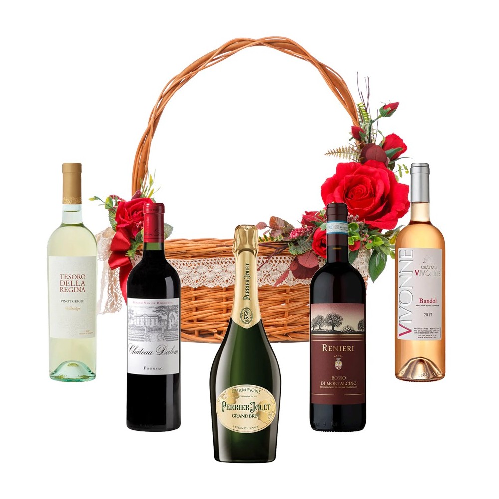 Cesta de presente para amantes de vinho com rosas vermelhas