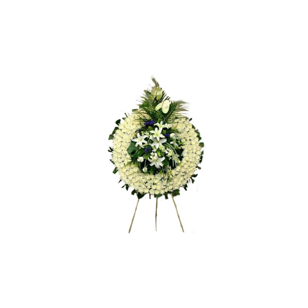 Funeral wreath - White Chrysanthemum, Green palms and White Lilies