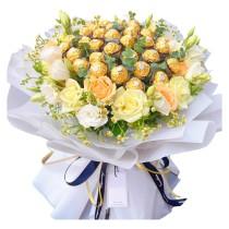 Bouquet de fleurs et 33 chocolats Ferrero Rocher