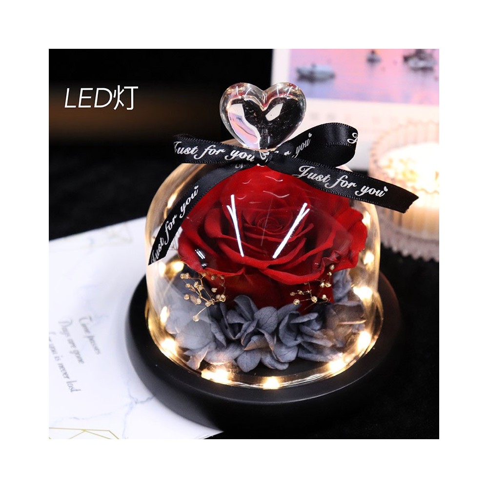 Preserved Red Rose and Hydrangea in a Glass Dome Box with LED Light Preserved Red Rose and Hydrangea in a Glass Dome Box with LED Light
