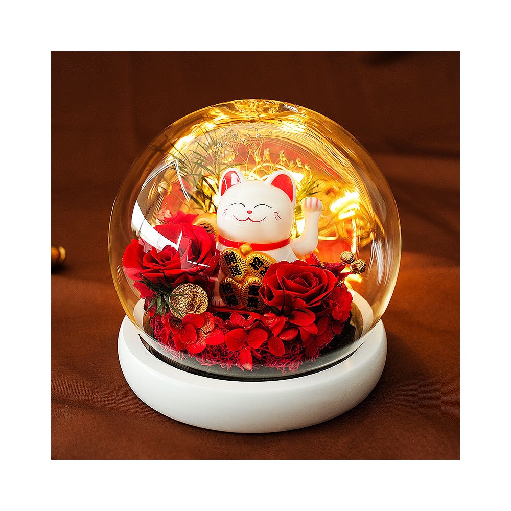 Preserved Red Flowers and Chinese Waving Lucky Cat in a Glass Dome