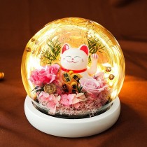 Preserved Red Flowers and Chinese Waving Lucky Cat in a Glass Dome