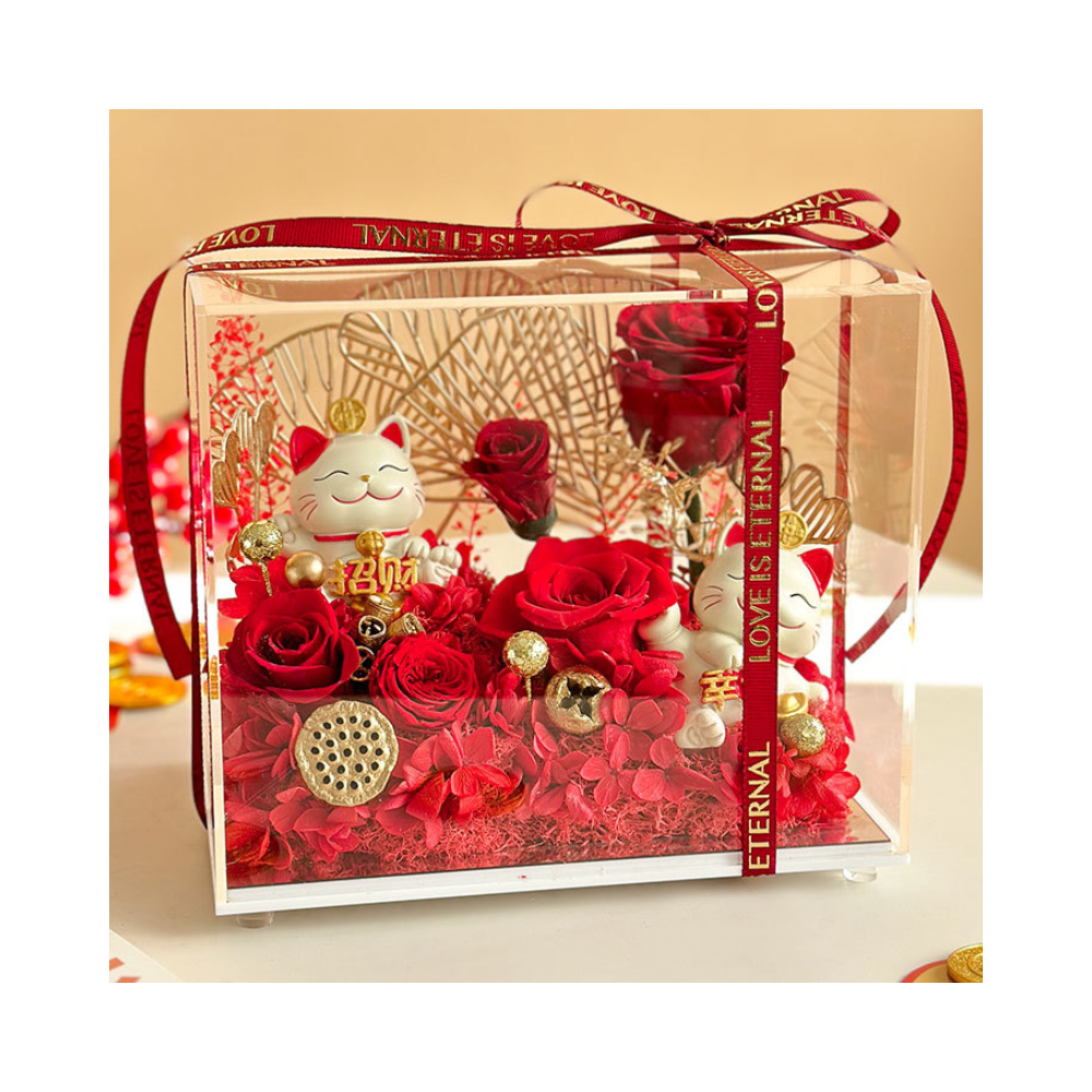 Preserved Flowers and Chinese Lucky Cats in a Glass Box