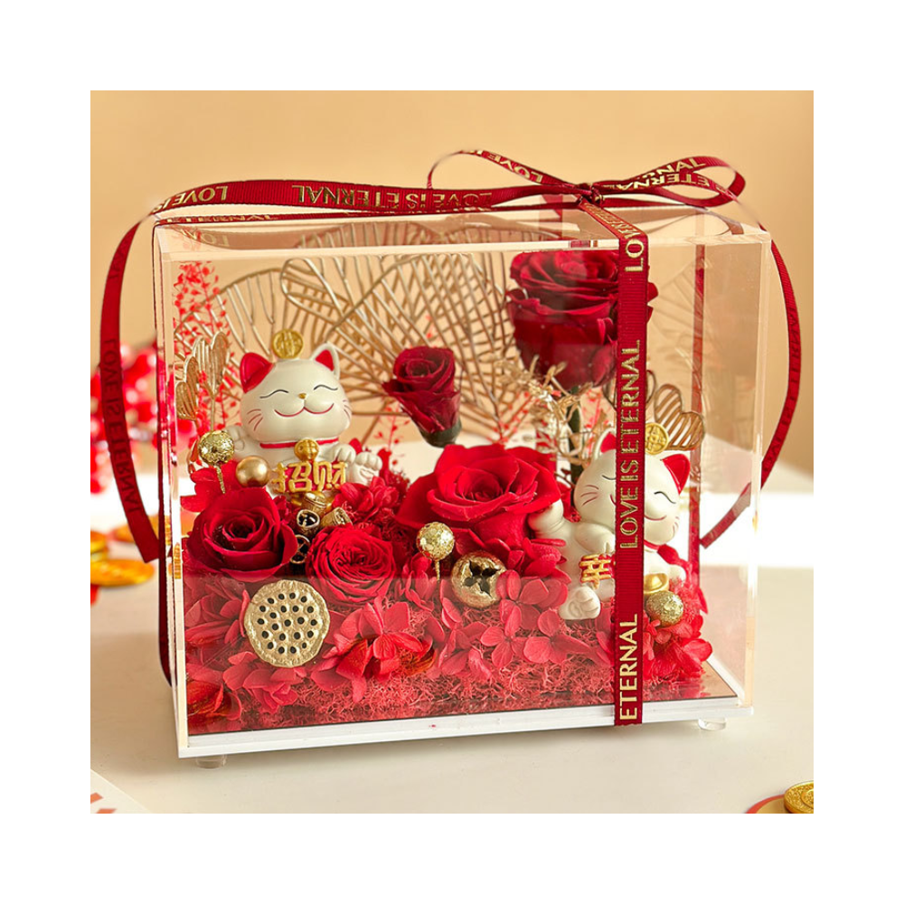 Preserved Flowers and Chinese Lucky Cats in a Glass Box Preserved Flowers and Chinese Lucky Cats in a Glass Box