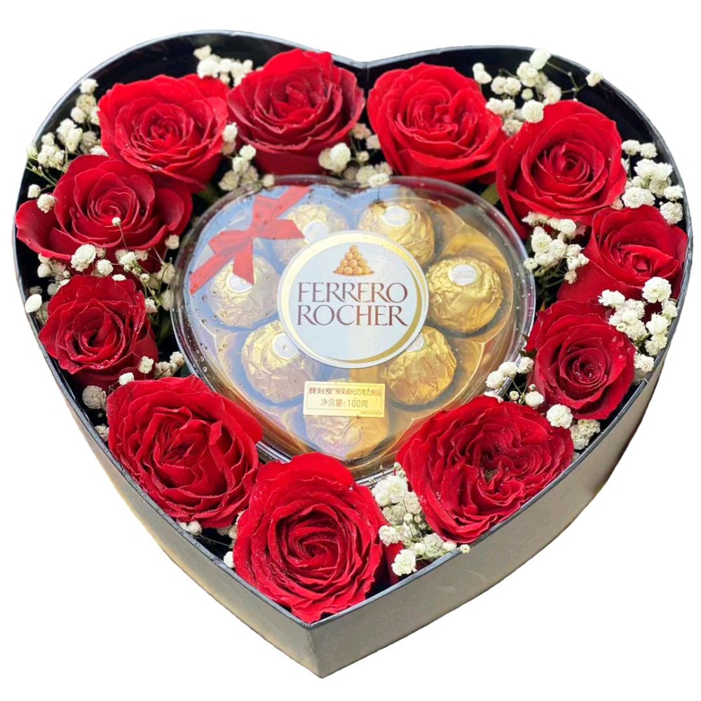 빨간 장미와 Ferrero Rocher 초콜릿의 하트 모양 선물 상자 « 깊은 애정 » 빨간 장미와 Ferrero Rocher 초콜릿의 하트 모양 선물 상자 « 깊은 애정 »