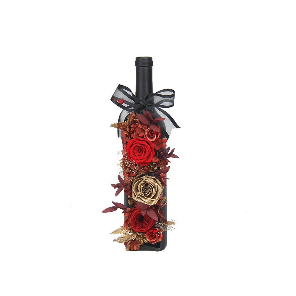 Preserved Roses and Hydrangea Flowers in a Bottle of Wine