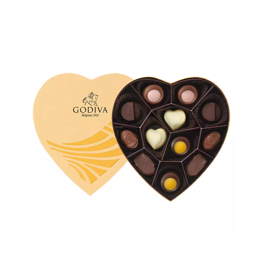 Caixa de presente dourada em formato de coração Godiva Chocolates