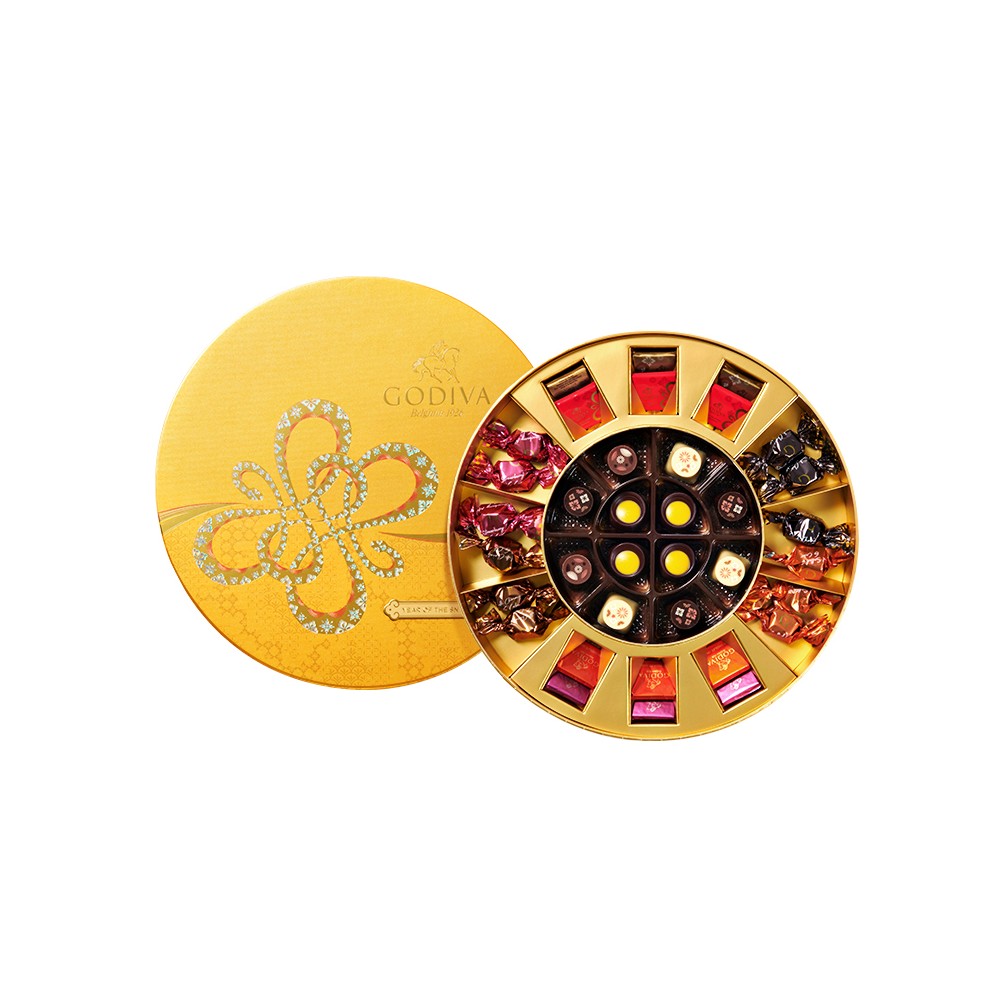 Caixa de presente redonda com tema do Ano Novo Chinês Godiva Premium Chocolates.