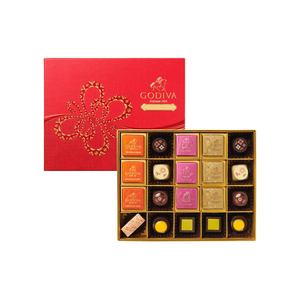 Caixa de presente retangular com 20 chocolates premium Godiva , temática do Ano Novo Chinês.