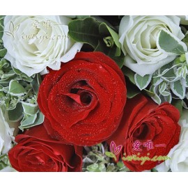 16 hochwertige weiße Rosen rund mit 3 roten Rosen