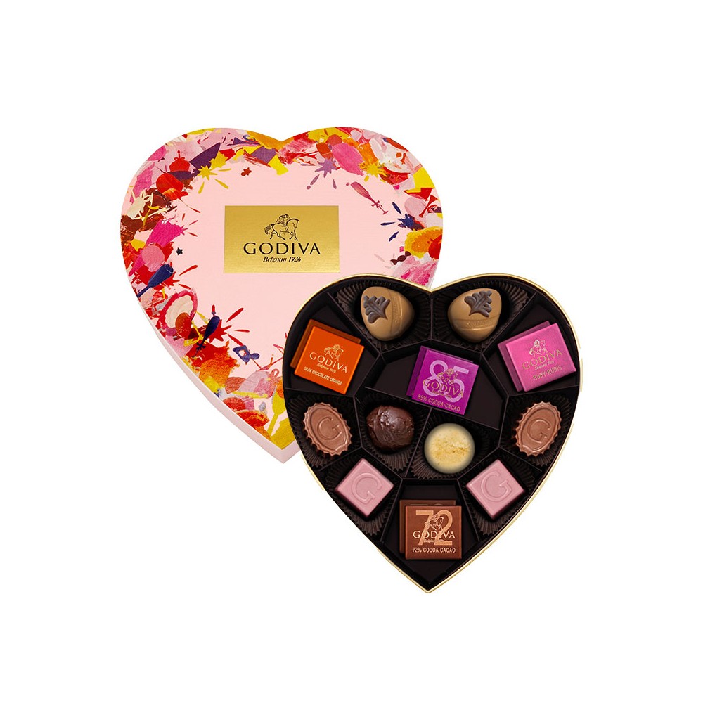 Caixa de presente de chocolates em formato de coração da Coleção Comemorativa Godiva , 16 unidades.