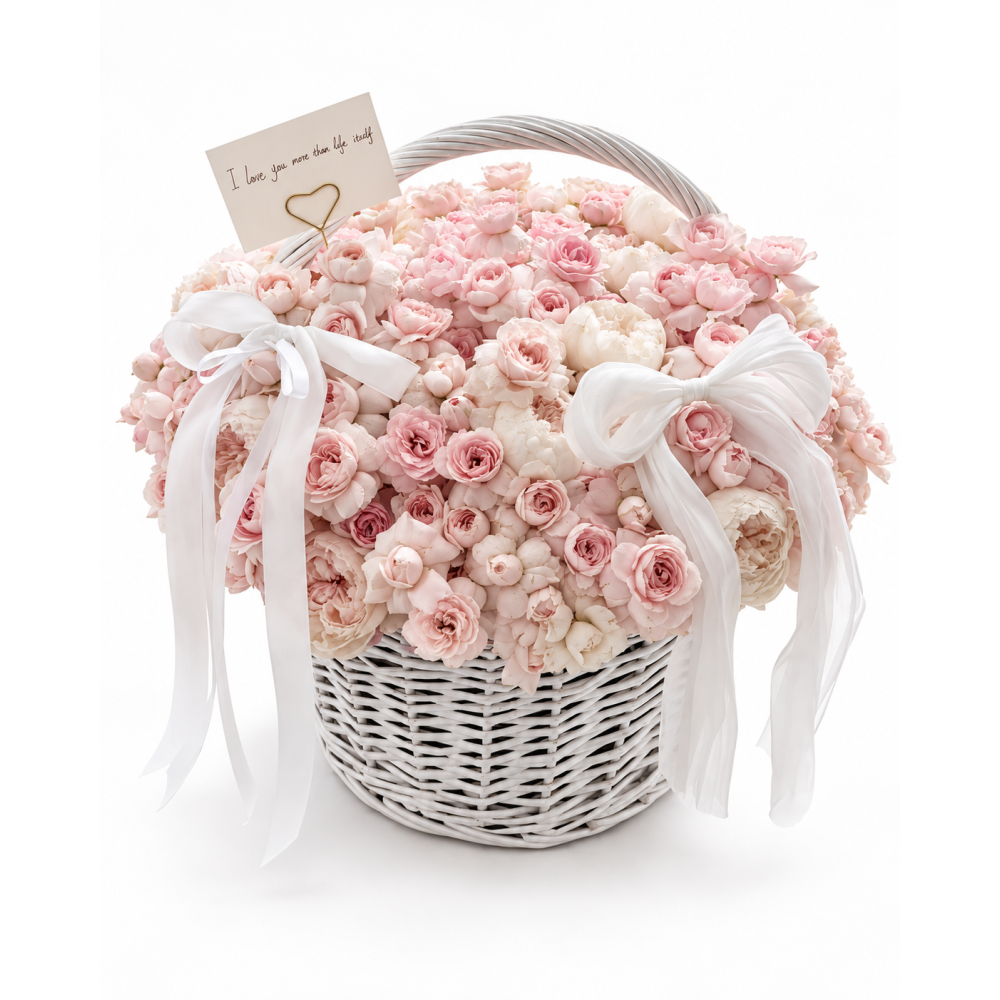 Fairy's Kiss — 6 Pink Lychee & 99 Spray Roses Basket
