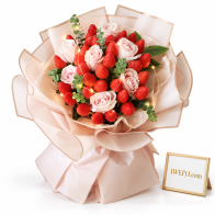 Bouquet de 33 fraises et de 7 roses roses