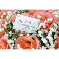 Rosas cor-de-rosa vibrantes, gipsofila e folhagens frescas.