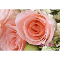 Rosas cor-de-rosa com detalhes em lisianthus branco e roxo.