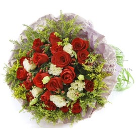 Bouquet composed of 19 fresh red roses accented by champagne lisianthus, red hypericum, clusters of solidago and fresh greens.