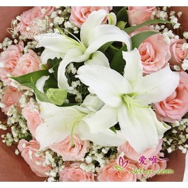 16 pink roses accented with 2 multi-stemmed white perfume lilies