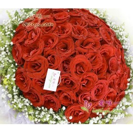99 朵优质新鲜红玫瑰，点缀着一枝黄花和婴儿气息。