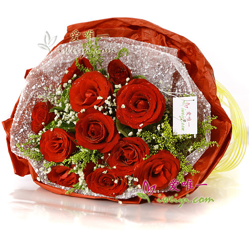 Le bouquet est composé de 11 roses de couleur rouge, de solidago, de limonium perezii et de gypsophiles.