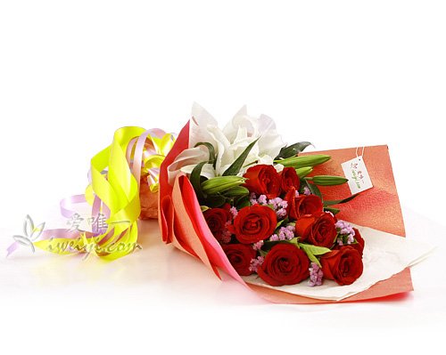 bouquet of red roses and lilies