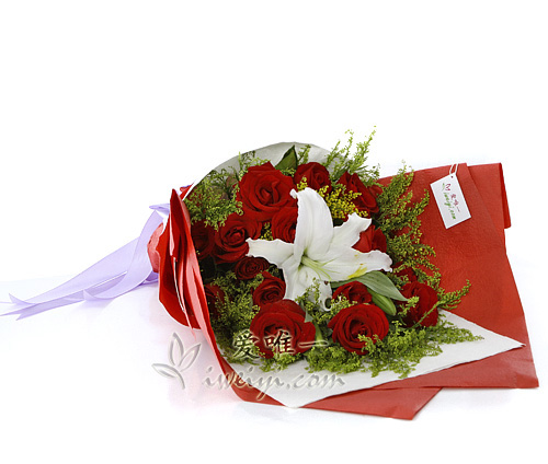 bouquet of red roses and white lily