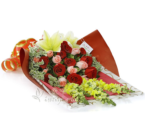 bouquet of red roses, pink roses and yellow lilies