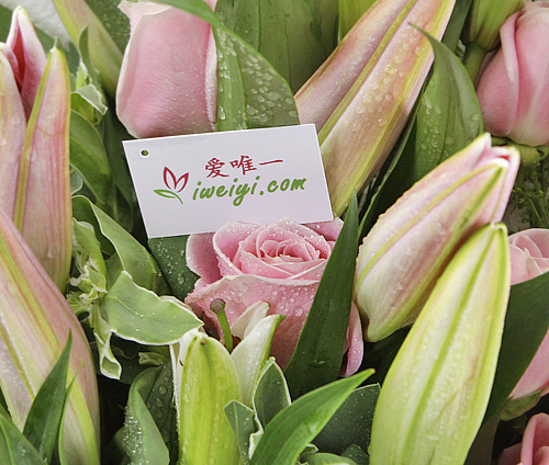 send a bouquet of pink roses, pink lilies and white lily to China