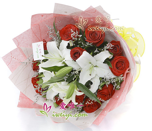 bouquet of red roses and white lilies