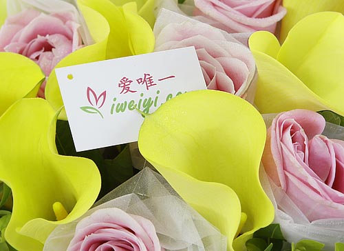 envoyer un bouquet de roses de couleur rose et de callas jaunes en Chine