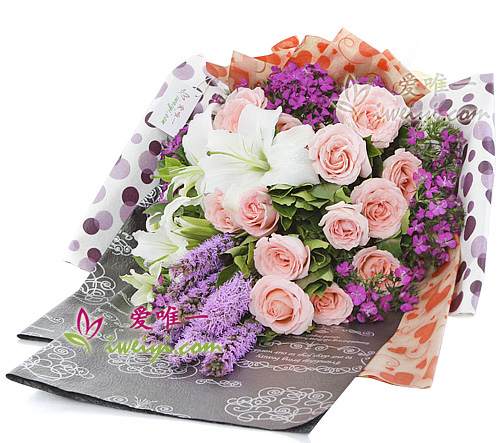bouquet of 13 pink roses and 2 white perfume lilies