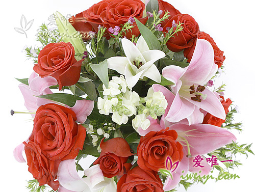 Vase of red roses and pink lilies