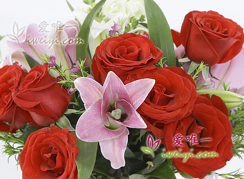 Send to China a vase of red roses, pink lilies and white lilies