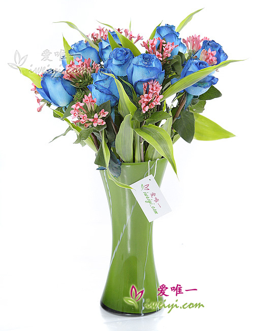 Die Vase mit blauen Rosen «Landschaft bunt»