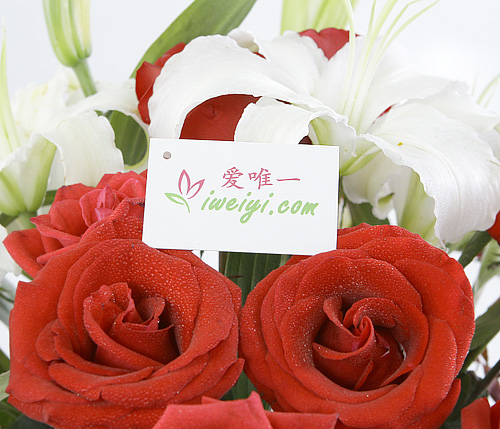 Fresh red roses, white lilies and green leaves