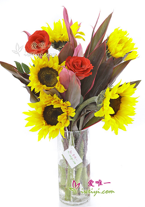 Send a vase of sunflowers and red roses to China