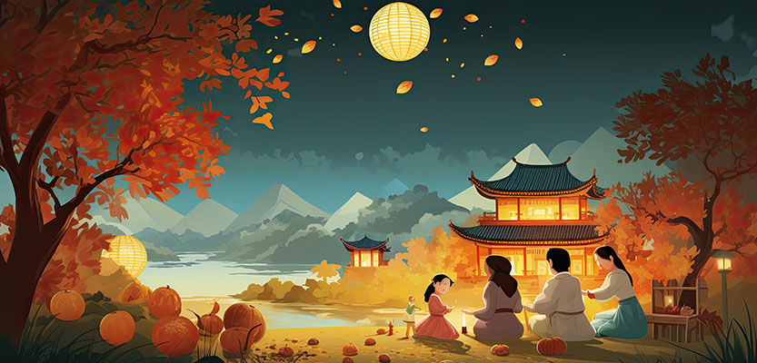 Illustration of a family sharing mooncakes during Mid-Autumn Festival Day also known as the Moon Festival